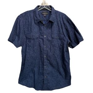 London Fog Slim Fit Button‎ Up Shirt Size L Black/Blue Short Sleeve Cotton